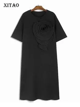 Xitao Трехмерное платье с цветочным украшением, однотонное повседневное женское платье с разрезом по бокам ZY8688 One Size чёрный