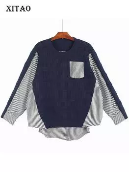 XITAO трикотажная лоскутная рубашка в неправильную полоску ZY7892 One Size синий