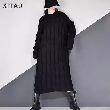 XITAO трикотажное модное повседневное свободное платье ZY1583 One Size чёрный