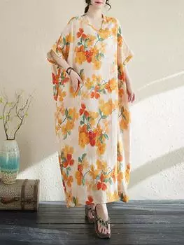 XITAO V-neck Batwing Sleeve Print Dress ZMY1026 One Size жёлтый