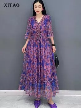 XITAO V-neck Chiffon Print Dress Fashion Temperament Women ZY8716
