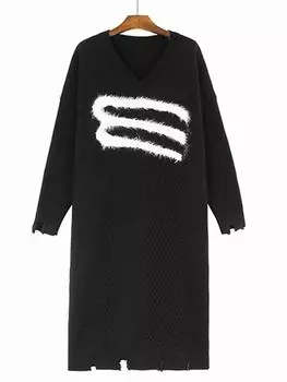 Xitao V-образный вырез, трикотажное повседневное платье с длинными рукавами DMJ2918 One Size чёрный