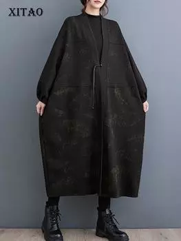 XITAO V-образный длинный рукав свободный повседневный модный женский плащ с принтом DMJ2972 One Size чёрный