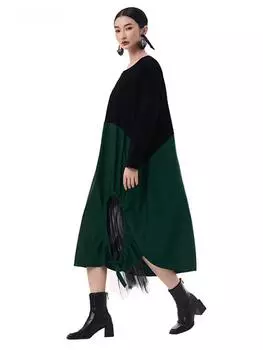 Xitao Винтажное платье с круглым вырезом и контрастной сеткой в стиле пэчворк GMM1326 One Size чёрный