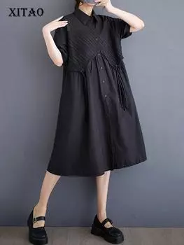 Xitao Винтажное свободное платье с кисточками, модное женское лоскутное платье ZY8724 One Size чёрный