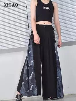 Xitao Винтажные широкие брюки с принтом, модные свободные повседневные новые женские брюки в стиле пэчворк GCC3033 S чёрный
