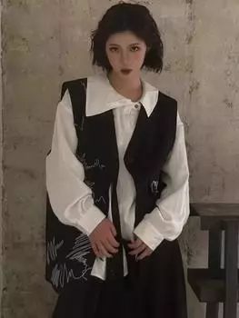 Xitao Винтажный асимметричный жилет с V-образным вырезом GMM1311 One Size чёрный