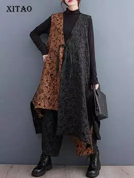 XITAO Винтажный комплект из двух предметов с цветочным принтом, женские брюки, HQQ1654 One Size кофейный