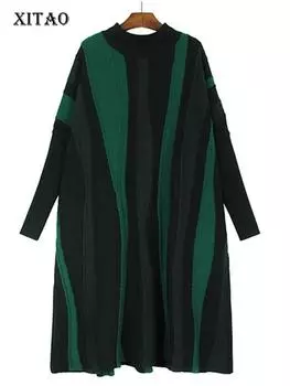 XITAO Вязаное платье с длинным рукавом и половиной высокого воротника, модное свободное повседневное женское платье контрастного цвета ZZ0275