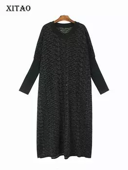 XITAO Вязаное платье Яркое шелковое модное повседневное свободное платье с длинными рукавами DMJ3695 One Size красный