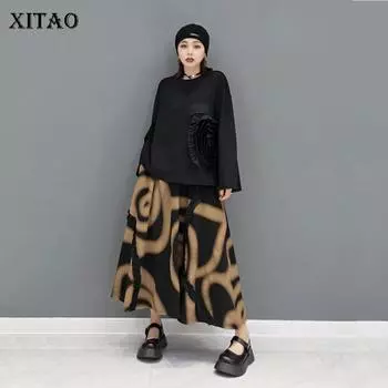XITAO Вышивка Цветочная юбка Костюмы Женщины Мода Пуловер Полный рукав Черный Топ Эластичная талия Печать Узор Юбка LDS0126