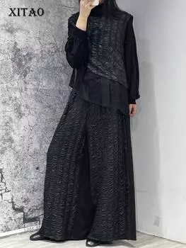 XITAO Wide Leg Pants Sets Black Folds Irregular Top Two Pieces Sets New Women WMD4834