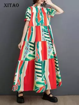 XITAO винтажное платье с принтом, свободное модное контрастного цвета LYD1903 One Size красный