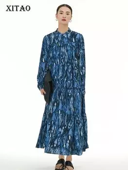 XITAO винтажное полосатое платье с принтом, свободное модное повседневное женское платье с длинным рукавом DMJ3643 One Size хаки