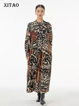 XITAO винтажное повседневное платье с принтом и воротником-стойкой, свободные модные женские туфли с длинными рукавами LYD1684