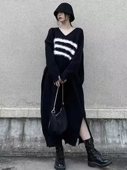 XITAO винтажное трикотажное платье с V-образным вырезом FBB1183 One Size чёрный