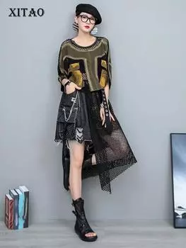 XITAO Women Sets Asymmetrical Mesh Grid Patchwork Short Pants Loose T-shirt Two Pieces Sets ZY8666