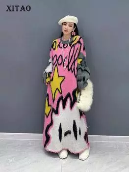XITAO вязаное платье с длинным рукавом контрастного цвета, модное, простое, свободное, повседневное, женское, DMJ3813