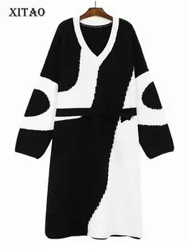 XITAO вязаное платье с v-образным вырезом и длинными рукавами, модный свободный повседневный пуловер контрастного цвета, женский DMJ3344 One Size красный