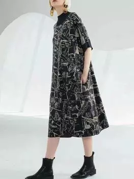 XITAO вязаное повседневное платье женское корейское осеннее новое индивидуальное модное свободное вязаное платье с коротким рукавом и половиной высокого воротника WLD8785