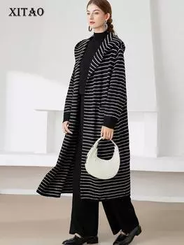 XITAO вязаные полосатые женские свитера с капюшоном, кардиганы ZZ0050 One Size чёрный