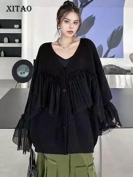 XITAO вязаные свитера с v-образным вырезом и длинными рукавами, модные лоскутные свободные повседневные женские свитера DMJ2984
