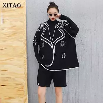 XITAO вязаный свитер больших размеров с веером богини, белый, черный, осенний, свитер больших размеров с геометрическим узором и принтом WMD4018 One Size чёрный