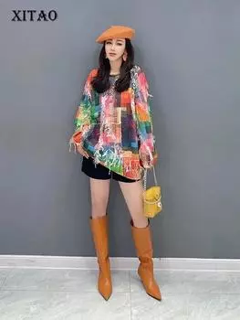 XITAO вязаный свитер контрастного цвета с кисточками женский топ ZZ0120 One Size зелёный