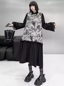 Xitao Жаккардовое лоскутное платье в виде съедобного древесного гриба GMM1289 One Size серый