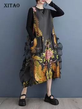 XITAO жаккардовое платье без рукавов, винтажное китайское украшение с узором Феникса, газовое украшение контрастного цвета HQQ2219 One Size чёрный