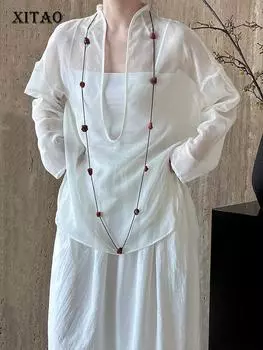 Xitao Женская блузка с длинным рукавом и большим v-образным вырезом, однотонный свободный топ WLD20175