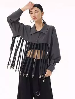 Xitao Женская рубашка с металлической пряжкой и кисточками в стиле пэчворк GMM1252 One Size серый