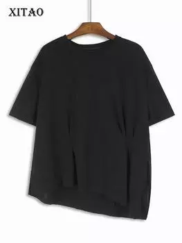 XITAO нерегулярные складки женские футболки однотонные повседневные топы HQQ2329 One Size чёрный