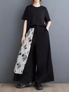 Xitao Женские комплекты в стиле пэчворк контрастного цвета, свободная повседневная футболка, широкие брюки, комплекты из двух предметов HJF5090 One Size чёрный