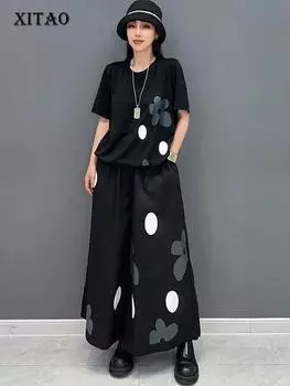 XITAO Женский комплект из двух предметов с принтом: футболка с короткими рукавами и широкие брюки LYD1730