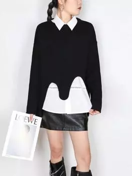 Xitao Женский свитер с круглым вырезом нерегулярной складки GMM1287 One Size чёрный