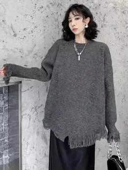 Xitao Женский свитер с неровными отверстиями, однотонный ZYY1026 One Size чёрный