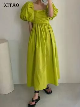 XITAO женское индивидуальное модное свободное плиссированное платье с пышными рукавами HQQ1271 One Size синий