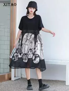 XITAO женское новое простое платье нерегулярной формы с принтом GJ1021 One Size чёрный