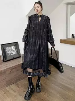 XITAO женское платье из марли в стиле пэчворк с длинным рукавом GYX1001 One Size чёрный