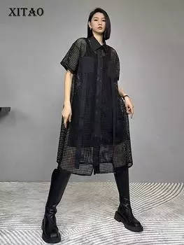 XITAO женское платье-рубашка с отложным воротником и коротким рукавом LYD1765 One Size чёрный