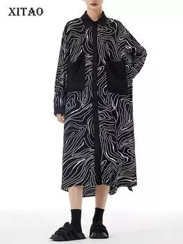 XITAO Женское платье с длинными рукавами и рисунком зебры с отложным воротником LYD1701