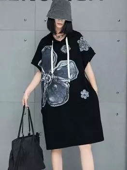 Xitao Женское платье с капюшоном и завязками на шнурке с цветочным принтом GMM1199 One Size чёрный