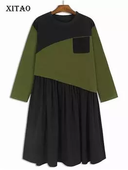 Xitao Женское платье с круглым вырезом и длинными рукавами в стиле пэчворк контрастного цвета DMJ5003 One Size зелёный