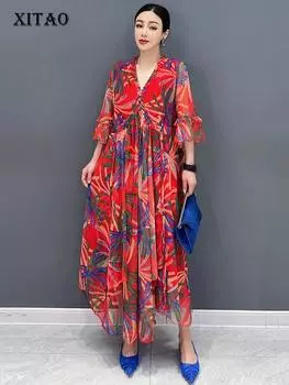 XITAO женское платье с нерегулярными оборками и принтом, новинка ZY8715