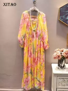XITAO женское повседневное платье с принтом модное свободное платье с v-образным вырезом и длинными рукавами HQQ0305 One Size жёлтый