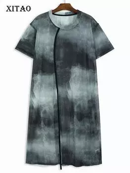 Xitao Женское сетчатое платье с разрезом Tie Dye Perspective WLD20248 One Size чёрный