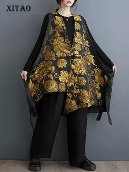 XITAO жилет без рукавов с цветочным принтом на одной пуговице, модный женский повседневный свободный жилет DMJ3504 One Size чёрный