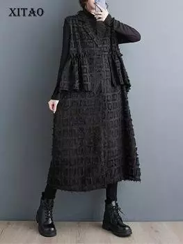 XITAO жилеты складные лоскутные однотонные женские длинные стильные жилеты пальто ZZ0279 One Size чёрный