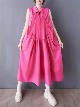 XITAO Zipper Pleated Lapel Dress GYX1549 One Size розы красного